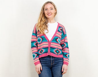 Southwestern Style Cardigan vintage 90's pink patterned cotton blend long sleeve v-neck jacket women gifts for her aztec style size large