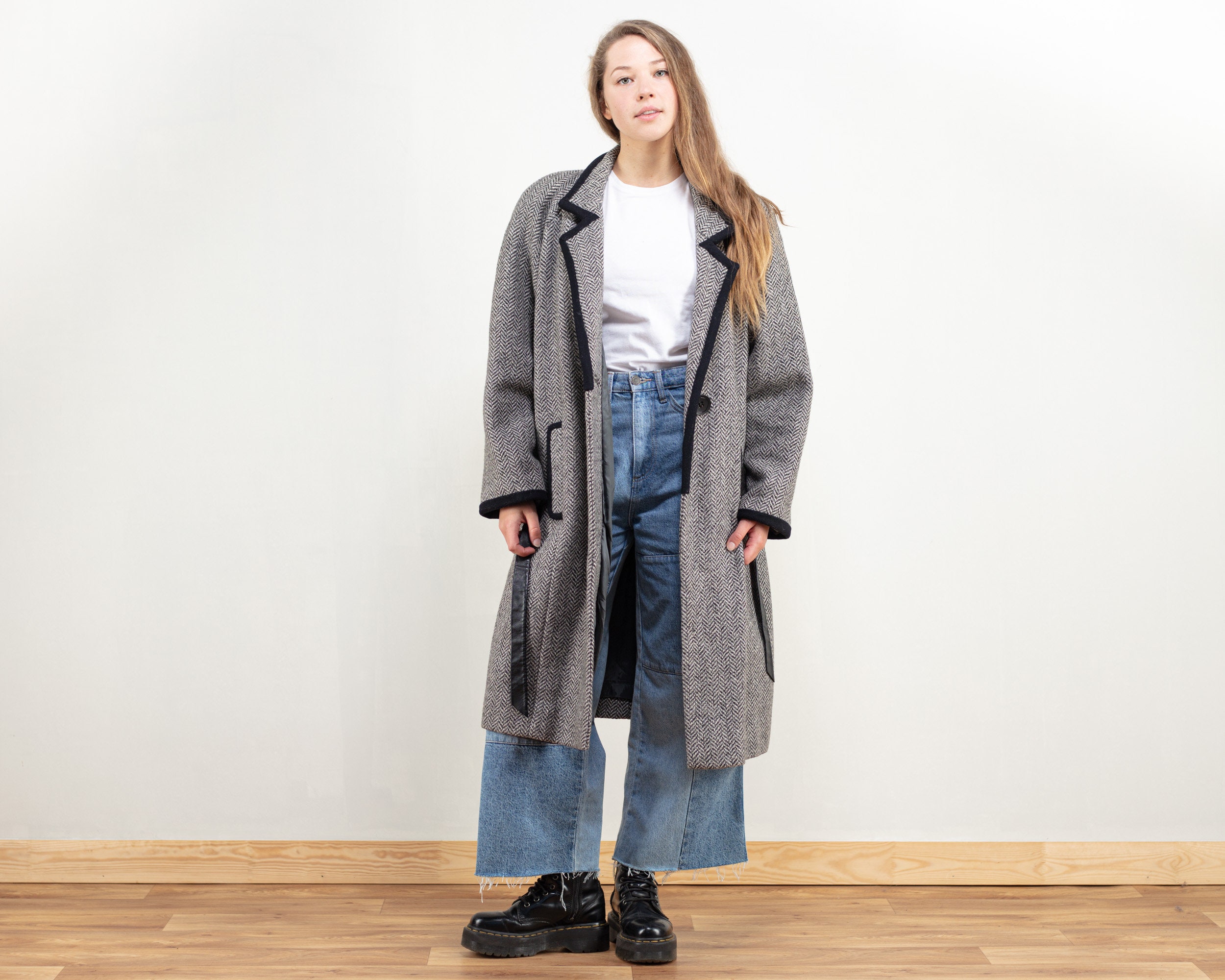 Grey Wool Coat Women Houndstooth Vintage 80s Winter Coat Long Jacket Maxi Coat Mod Outerwear Grey Winter Coat Vintage Clothing Size Large