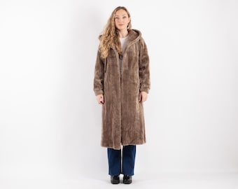 Vintage Brown Faux Fur Hooded Maxi Coat Women’s Long Teddy Coat 70s Style Winter Coat Boho Faux Fur Jacket
