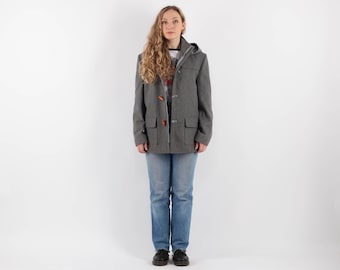 90s Vintage Gray Wool Duffle Coat, Size M