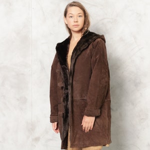 Vintage 90s Suede Coat, Size Large L, Brown Faux Fur Coat, Hooded Leather Coat, Winter Outwear, Penny Lane Coat, Afghan Coat, Women Clothing image 2