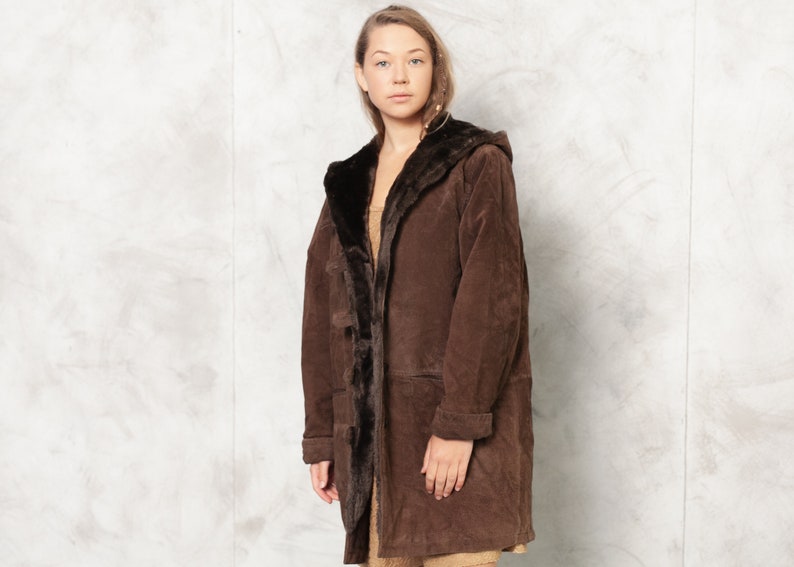 Vintage 90s Suede Coat, Size Large L, Brown Faux Fur Coat, Hooded Leather Coat, Winter Outwear, Penny Lane Coat, Afghan Coat, Women Clothing image 2