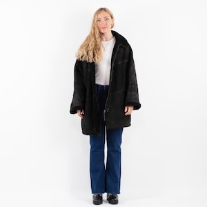 1990s Black Sheepskin Coat, Size XL Large Shearling Coat, Boho Winter Sheepskin Coat, Retro Black Leather Fur Coat, NorthernGirlStore