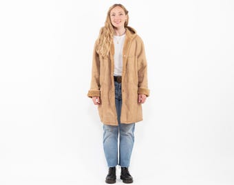 90s Hooded Sheepskin Coat, Vintage Shearling Ranch Wear, Size L
