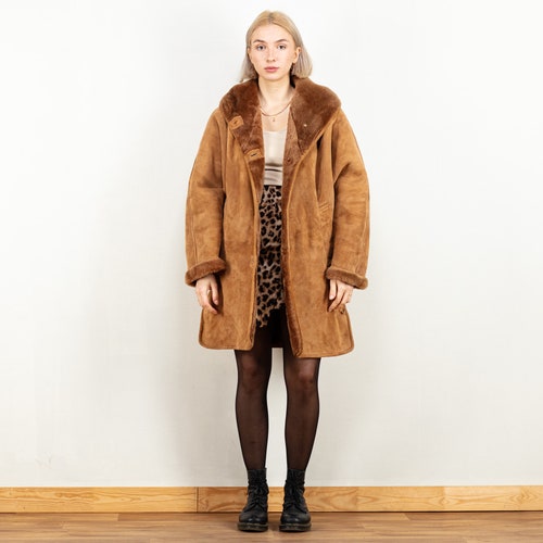 Hooded Penny Lane Coat vintage 80's women brown shearling coat vintage women fashion winter outerwear boho western shops style size extra large XL