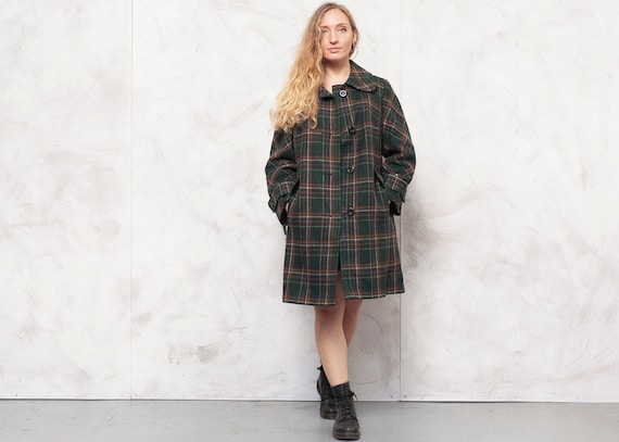 70s Wool Coat Vintage Longline Jacket Plaid Overco
