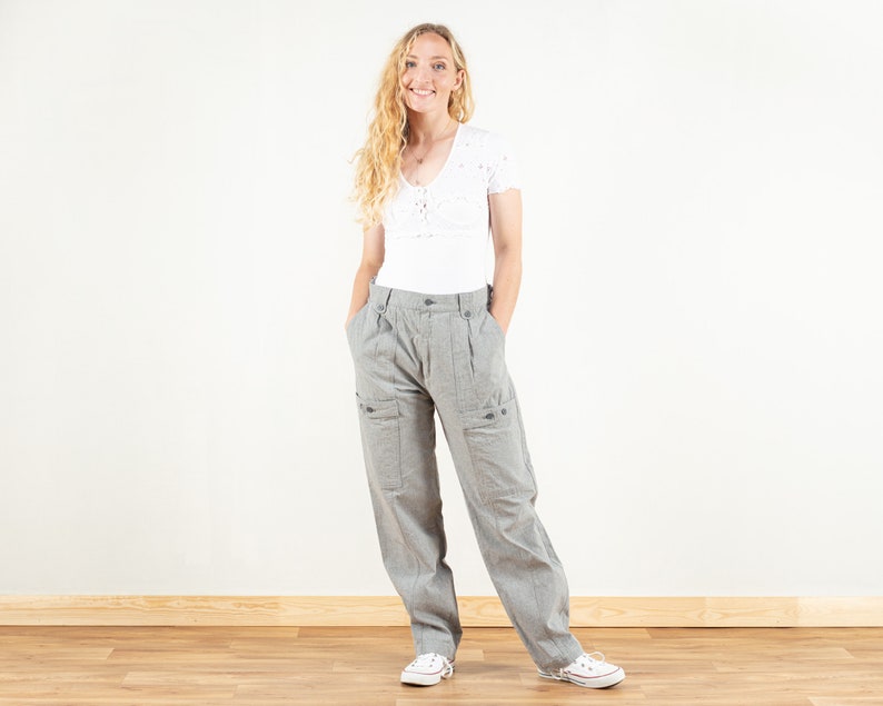 Grey Cargo Pants women vintage 90s trousers cargo pants unisex pants worker minimalist high waist pants vintage clothing size medium image 2