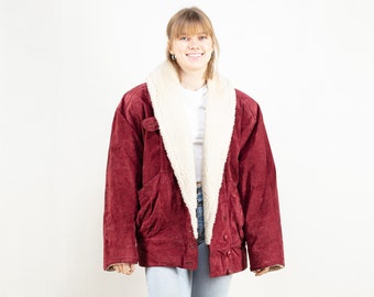 Suede Sherpa Women Jacket red 90's coat women winter outerwear leather jacket women vintage clothing minimalist jacket size extra large xl