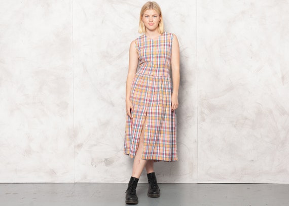 Vintage 80's Plaid Sundress . Multicolor Button Fr