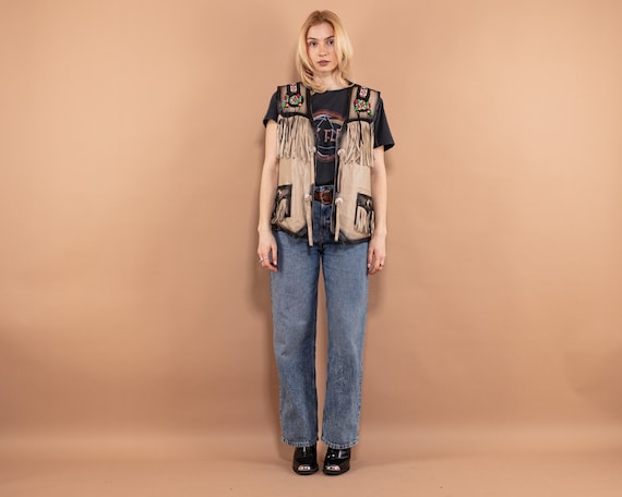 90s Vintage Fringe Leather Vest, Biker Southwestern Apparel, Size XL