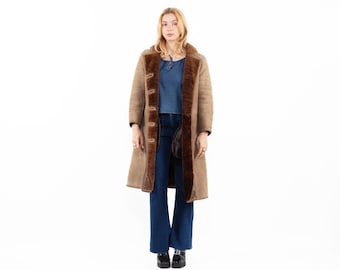 Vintage 70s Sheepskin Overcoat Women’s L Long Shearling Coat Brown Boho Penny Lane Coat