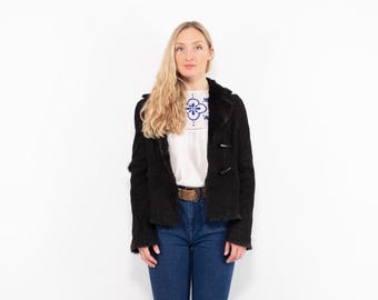 Vintage Black Genuine Shearling Jacket Women’s Cropped Sheepskin Coat Toggle Closure Leather Jacket 70s Style Winter Coat