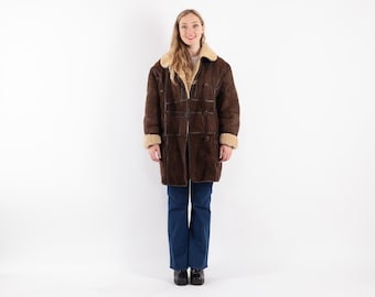 80s Vintage Brown Sheepskin Shearling Coat, Western Cowgirl Outerwear, Size L/XL