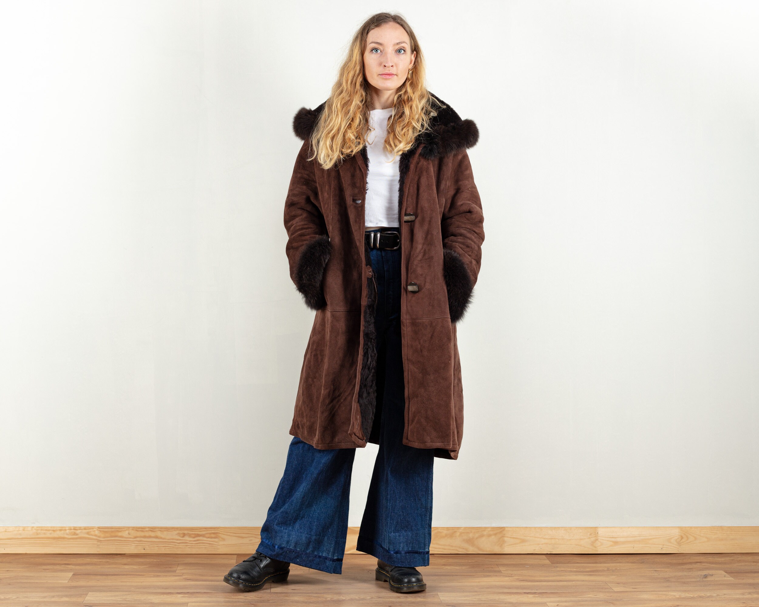 Hooded Sheepskin Coat Vintage Penny Lane Brown Coat Shearl Hooded Sheepskin Coat Vintage Penny Lane Brown Coat Shearl