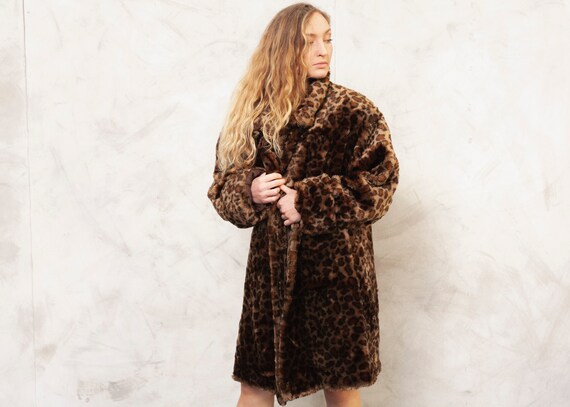 70s Faux Fur Coat Vintage Leopard Print Coat Mod 7