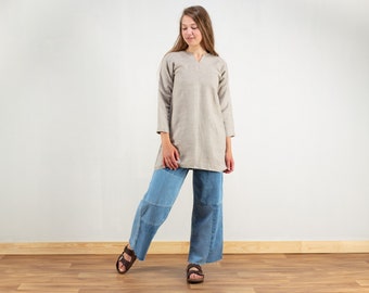 Linen Long Shirt natural color flax long sleeve shirt v-neck longline top women natural clothes 70s sustainable fashion size extra small