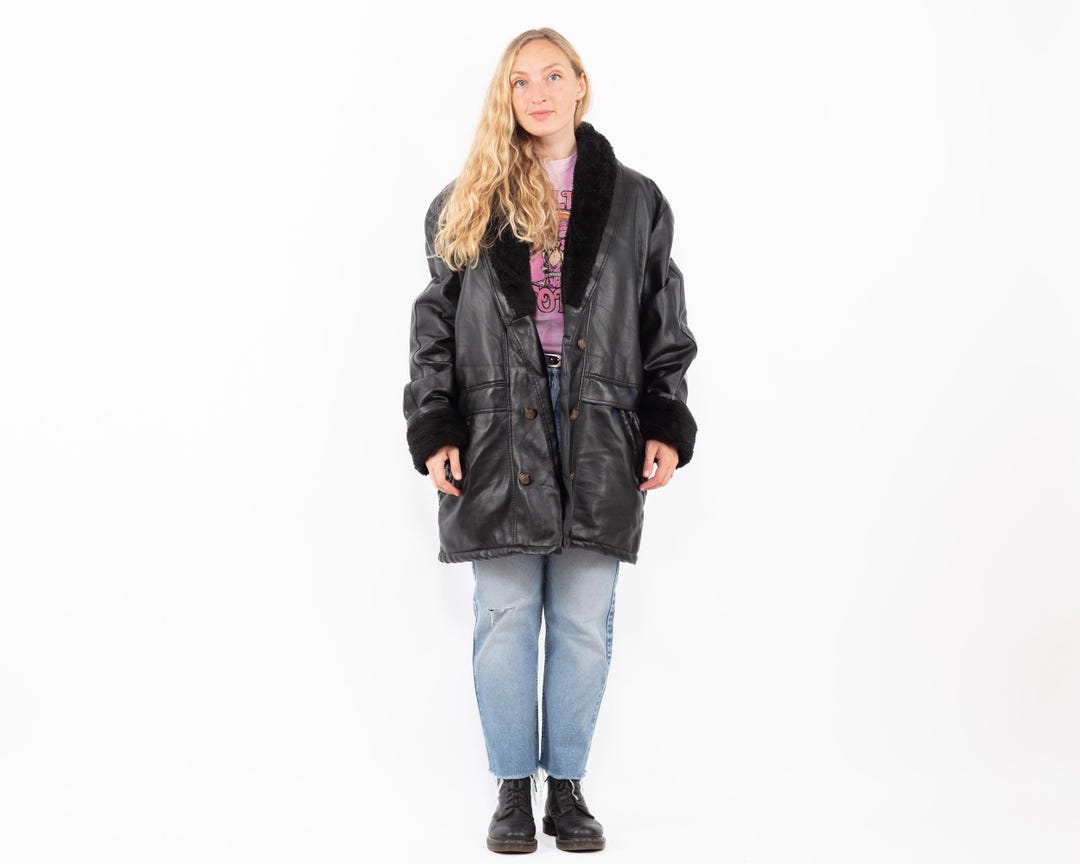 Y2K Black Faux Sheepskin Hooded Coat, Vegan Leather, Women's Size