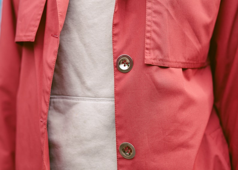 80s Red Mac Coat . Long Jacket Trench Coat Vintage Mini Length Lightweight Jacket Belted Duster Coat . size Medium image 7
