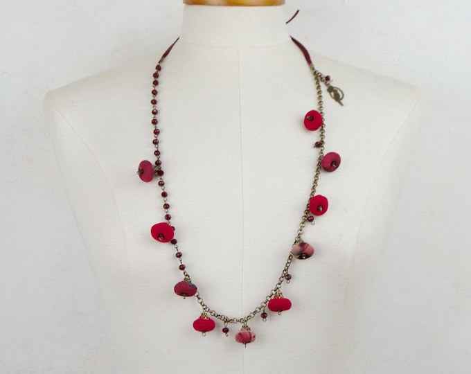 Fabric flower necklace, boho fabric necklace, textile necklace fabric, boho necklace, rope necklace handmade jewery, necklace vintage 