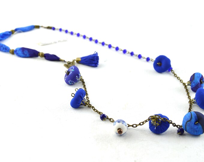 Blue vintage style necklace, blue beaded necklace, very original fabric necklace, navy blue necklace, pearl necklace, woman's gifts