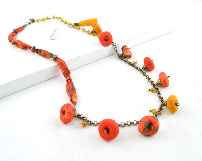 Fabric flower necklace, boho fabric necklace, textile necklace fabric, boho necklace, rope necklace handmade jewery, necklace vintage 