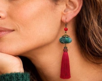 Long Red Tassel Earrings, Teal Floral Fabric Bead Dangle Earrings, Boho Statement Earrings, Handmade Lantern Earrings, Unique Gift for Her