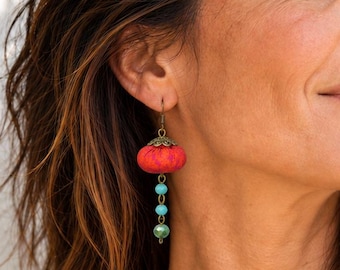 Red Jellyfish Earrings, Fabric Bead Dangle Earrings with Turquoise Crystals, Boho Lantern Earrings, Handmade Textile Jewelry, Gift for Her