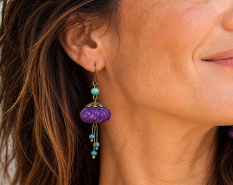 Purple Jellyfish Earrings, Fabric Bead Dangle Earrings with Teal Crystals, Boho Lantern Earrings, Handmade Textile Jewelry, Gift for Her