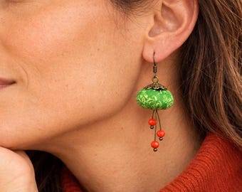 Green Jellyfish Earrings, Fabric Bead Dangle Earrings with Coral Crystals, Boho Lantern Earrings, Handmade Textile Jewelry, Gift for Her