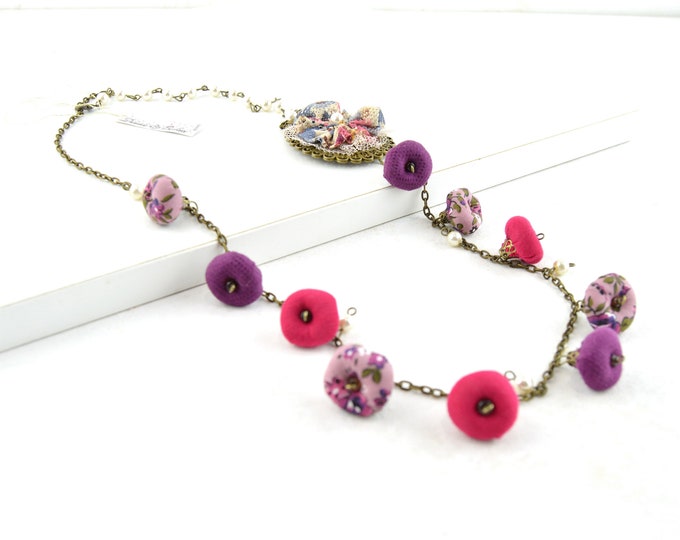 Fabric flower necklace, boho fabric necklace, textile necklace fabric, boho necklace, rope necklace handmade jewery, necklace vintage 