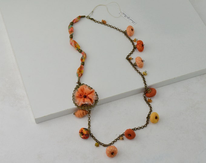Fabric flower necklace, boho fabric necklace, textile necklace fabric, boho necklace, rope necklace handmade jewery, necklace vintage 