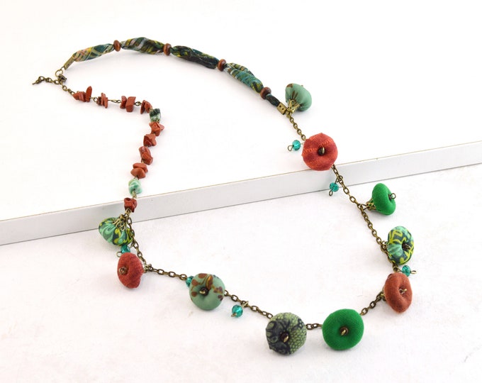 Handmade natural stone and textile bead necklace, hippiechic handmade necklace, very original handmade necklace, boho jewelry