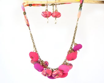 Set of necklace plus fuchsia pink fabric earrings, bohemian necklace and earrings, full color designer jewelry set