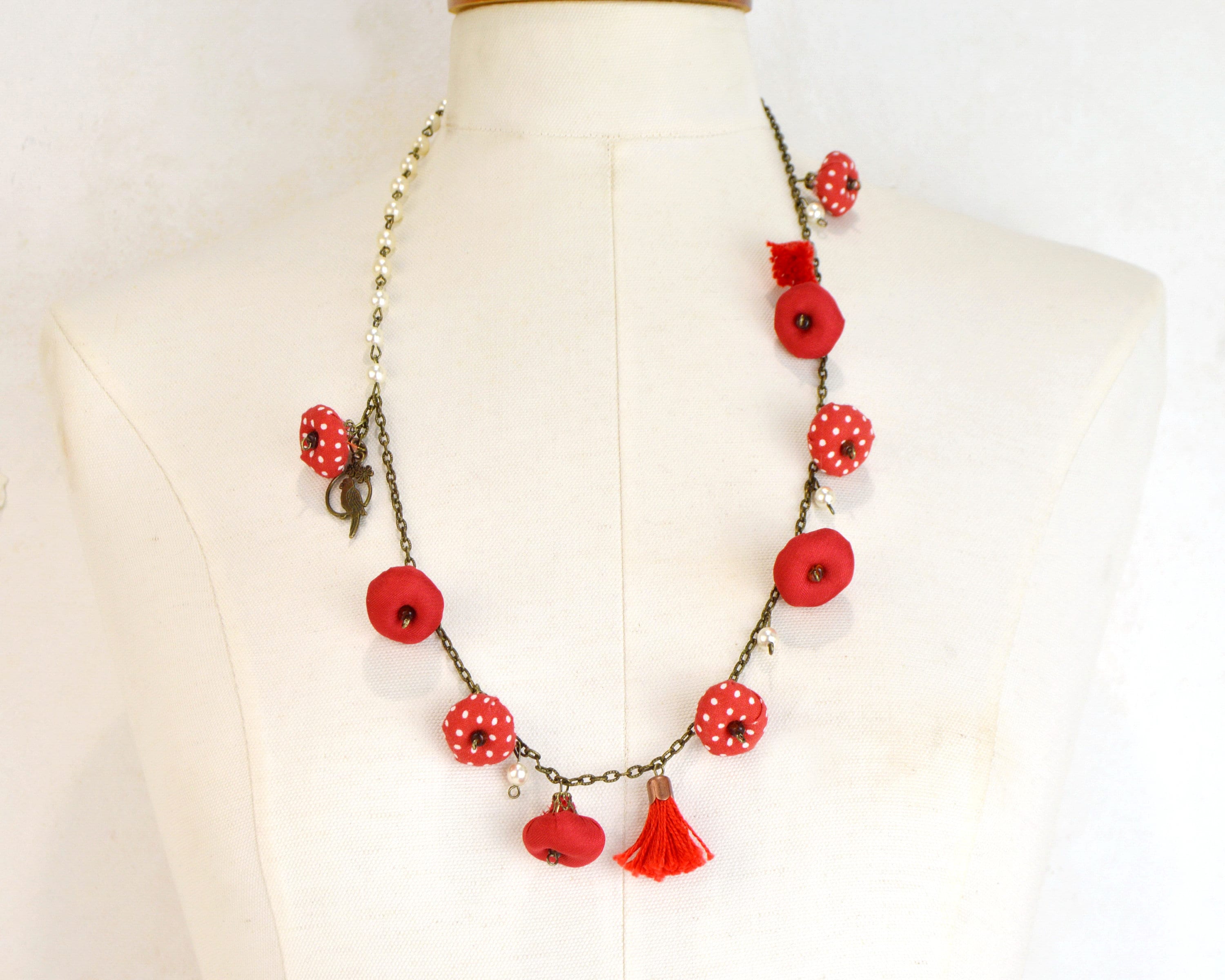 Fabric flower necklace, boho fabric necklace, textile necklace fabric