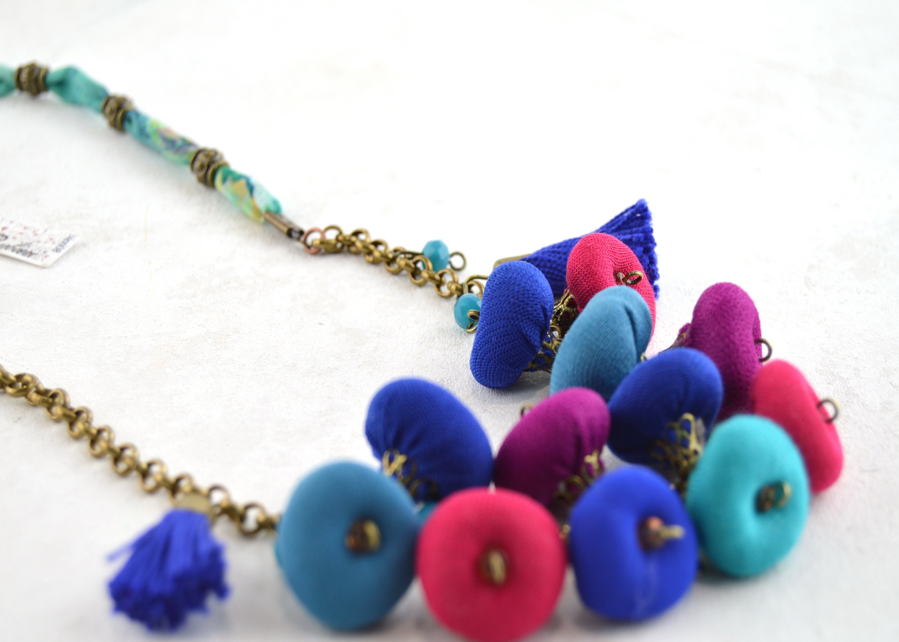 multicolored beads necklace, multicolored fabric necklace, very