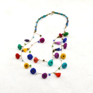 Long necklace of colored beads, long multicolored handmade necklace of textile beads, exclusive design jewelry Daniela Barbieri