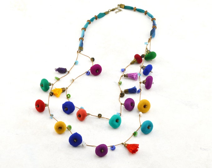 Long necklace of colored beads, long multicolored handmade necklace of textile beads, exclusive design jewelry Daniela Barbieri