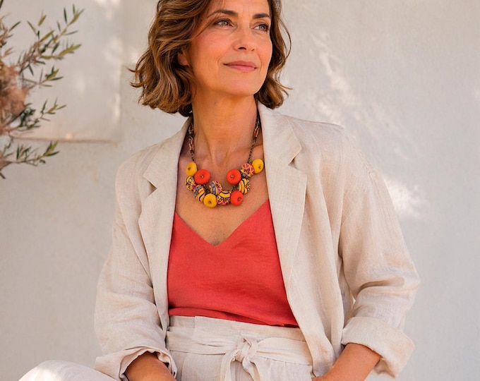 Collar de tela, collar étnico, collar de estilo africano color naranja, bisutería textil estilo etnico