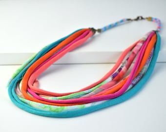 Very colorful ethnic style fabric necklace for women made with strips of jersey fabric, very striking bib necklace unique design