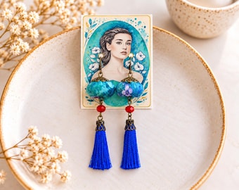 Blue Tassel Earrings, Turquoise Floral Fabric Bead Dangle Earrings, Red Crystal Boho Earrings, Handmade Textile Jewelry, Gift for Her