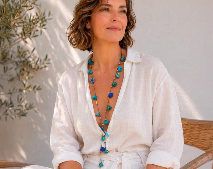 eco-responsible jewelry, colorful fabric bead necklace, handmade long multicolor necklace