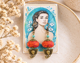Elephant Earrings, Orange Fabric Bead Dangle Earrings, Boho Bronze Elephant Charm Earrings, Turquoise Crystal, Handmade Gift for Her