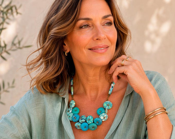 Turquoise Bead Bib Necklace, Bohemian Style Turquoise Blue Fabric Necklace, Turquoise Fabric Necklace