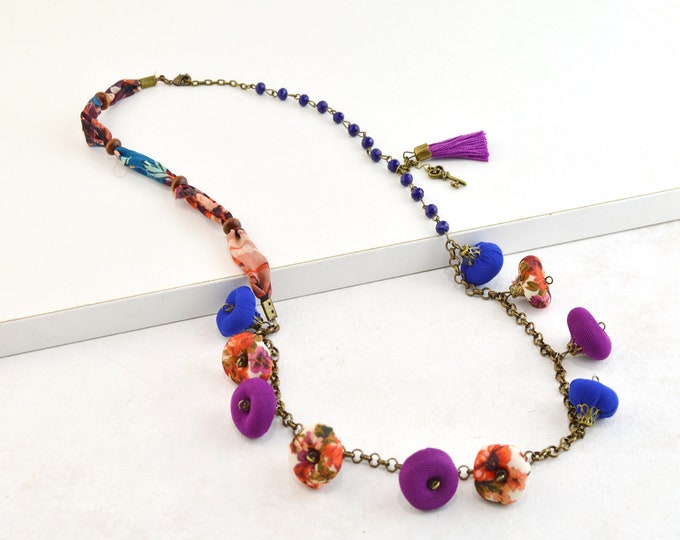 Handmade natural stone and textile bead necklace, hippiechic handmade necklace, very original handmade necklace, boho jewelry