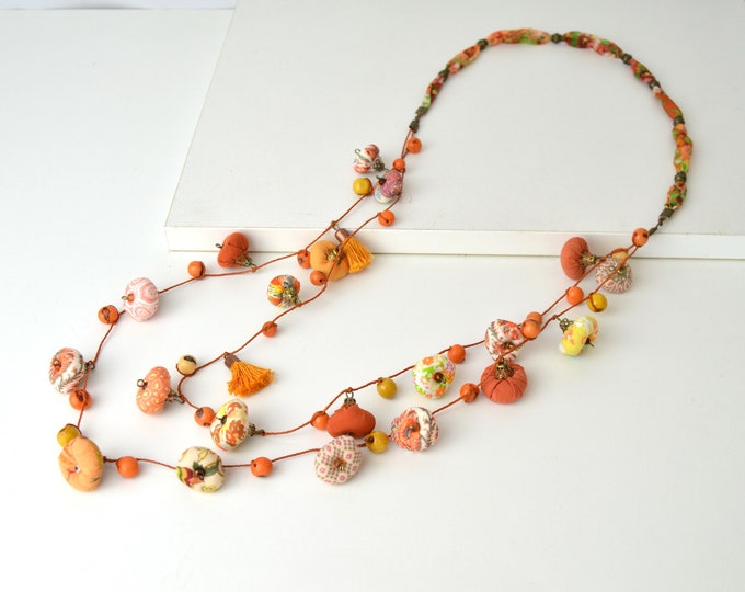 Unique design long necklace, very original design textile jewelry, modern long summer necklace