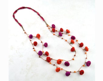 colorful bohemian style necklace, red orange fuchsia design crafts, multicolored ethnic necklace