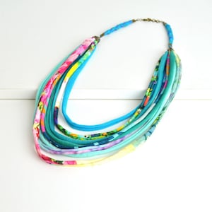 Original handmade multicolored fabric necklace with jersey strings, necklace boho chic,rope necklace handmade jewelry