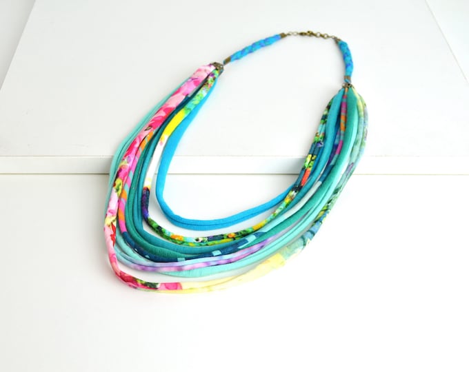 Original handmade multicolored fabric necklace with jersey strings, necklace boho chic,rope necklace handmade jewelry