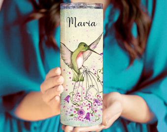 Personalized thermal skinny glass with name, personalized hummingbird thermal bottle, very elegant bottle to give away with name