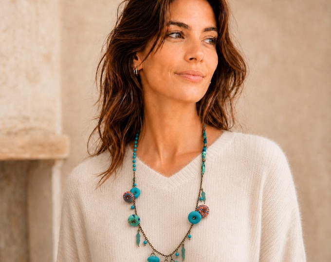 Turquoise Bead Bib Necklace, Bohemian Style Turquoise Blue Fabric Necklace, Turquoise Fabric Necklace